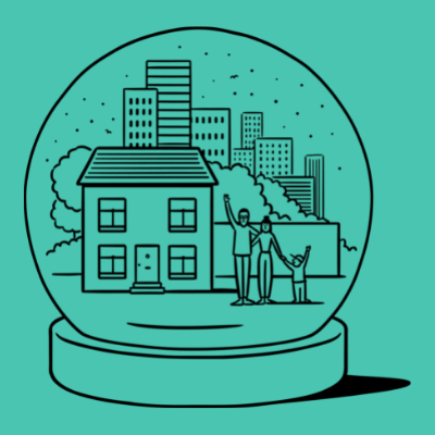 Snowglobe containing a house with a family of 3 waving